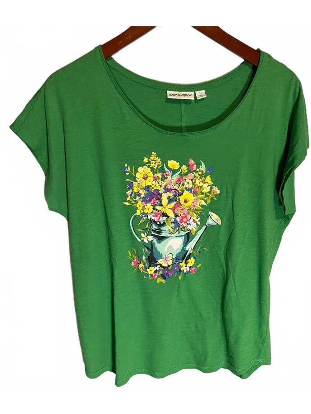 Garden watering can graphic green cap sleeve 100% cotton granny tee L cottage